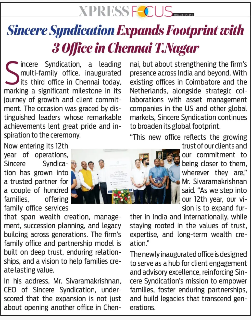 Indian Express newspaper coverage of Sincere Syndication's third Chennai office inauguration